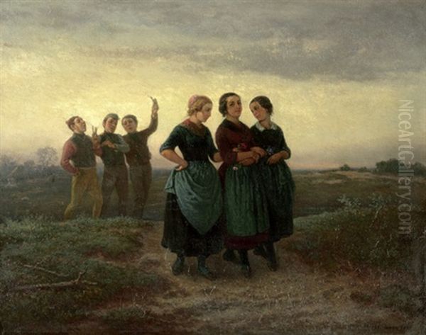 Junge Burschen Werben Um Madchen In Einer Dreiergruppe Oil Painting by Theodor (Fried. Wilhelm Heinrich Th.) Hosemann