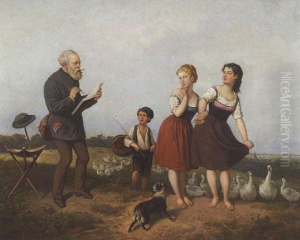 Ein Maler, Der Zwei Landmadchen In Sein Skizzenbuch Zeichnet Oil Painting by Theodor (Fried. Wilhelm Heinrich Th.) Hosemann