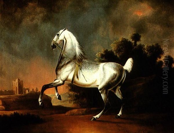 A Grey Horse In A Stormy Landscape Oil Painting by Christian Friedrich Hosenfelder