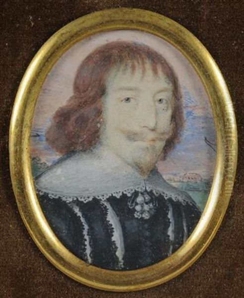 Portrait Of A Courtier, Head And Shoulders, Wearing A Black Doublet With Lace Collar Landscape And Sky Background Oil Painting by John Hoskins the Elder