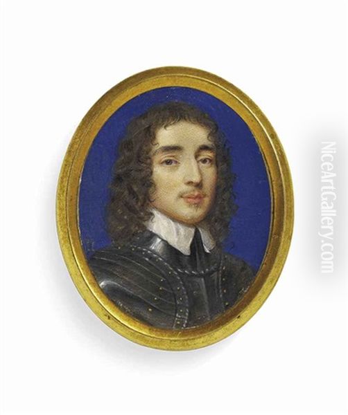 A Gentleman, In Gilt-studded Armour, White Collar, Dark Curling Hair, Blue Background With Gold Border Oil Painting by John Hoskins the Elder