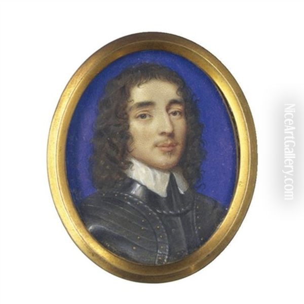 Portrait Of A Nobleman With Long Brown Hair, Wearing Full Armour And A White Collar, A Blue Background Oil Painting by John Hoskins the Elder