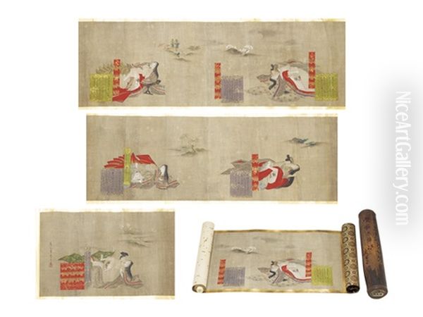 Shunga Scroll (5 Pictures) Oil Painting by Eishi Hosoda