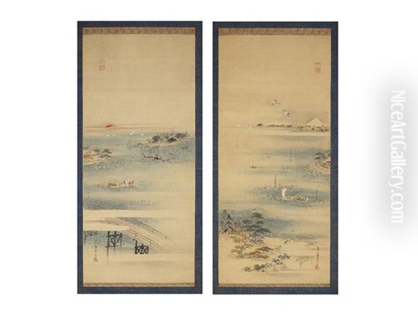 Tsukudajima Landscape (a Pair Of Scrolls) Oil Painting by Eishi Hosoda