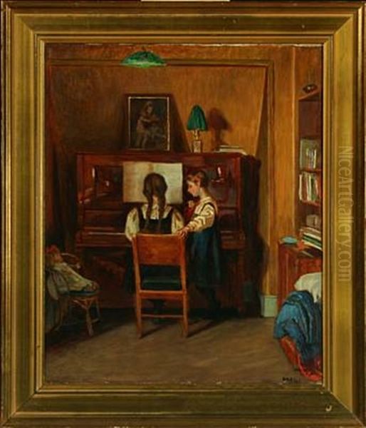 Interior With Girls And Dolls By The Piano Oil Painting by Marianne Host