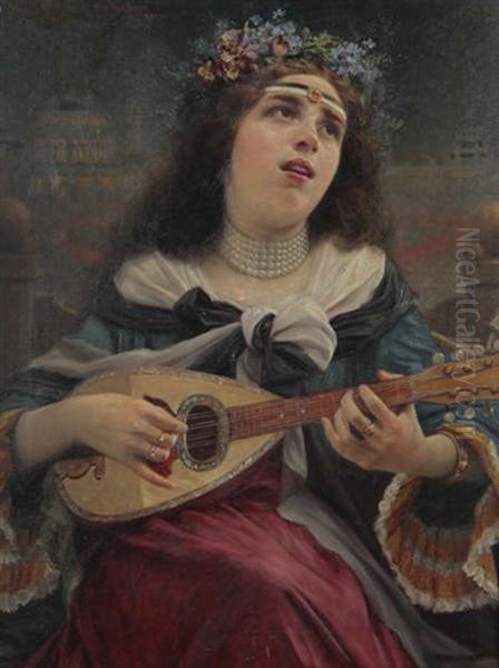 Jeune Femme A La Mandoline Devant Lagune Oil Painting by Prosper Hoste