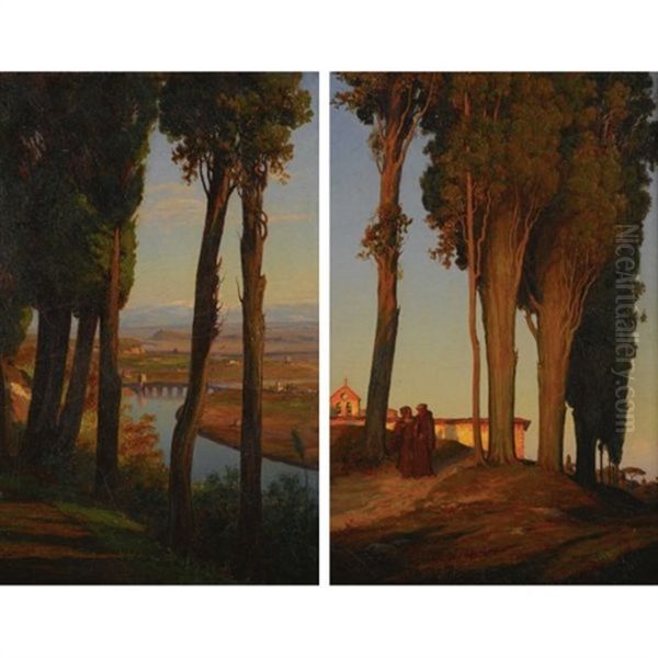 Cypresses On Monte Mario Near Rome (+ Cypresses And Convent At San Miniato Near Florence; Pair) Oil Painting by Thomas H. Hotchkiss