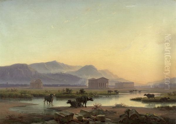 Blick Auf Die Tempel Von Paestum Im Abendlicht Oil Painting by Edmund Hottenroth