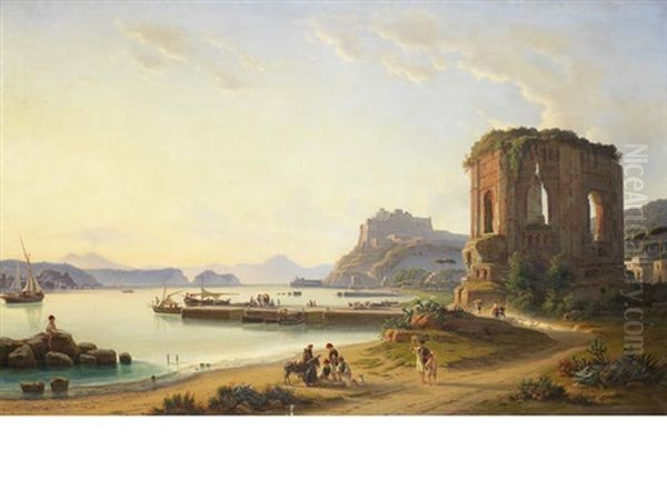 View Across The Golfo Di Pozzuolo With The Old Harbour And Castle Oil Painting by Edmund Hottenroth