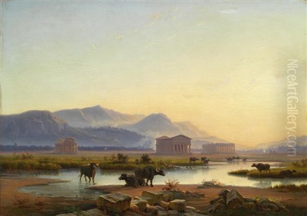 Wasserbuffel In Der Campagna Oil Painting by Edmund Hottenroth