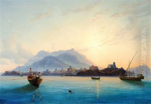 View In Italy With Fishermen In Their Boats Off The Coast Oil Painting by Edmund Hottenroth