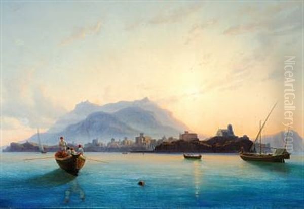 View Of Italy With Fishermen In Their Boats Off The Coast Oil Painting by Edmund Hottenroth