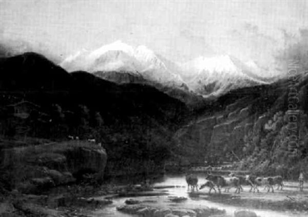 Driving Cattle In A Mountainous Landscape Oil Painting by Edmund Hottenroth