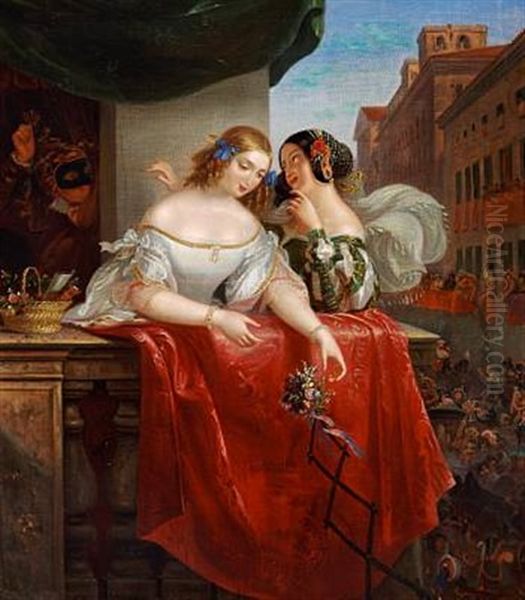 Italian Carnival. Two Elegant Young Women On A Balcony Oil Painting by Woldemar Hottenroth