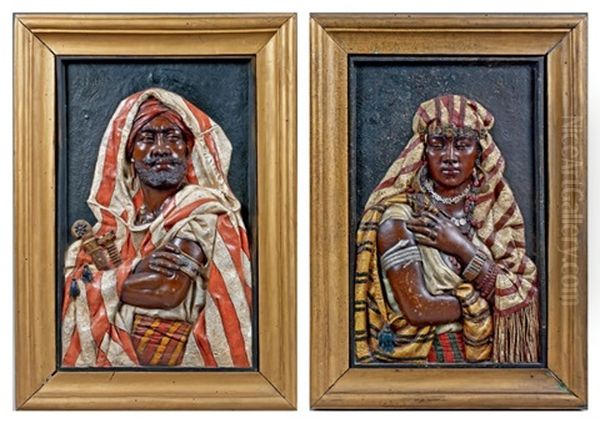 Deux Plaques D'un Couple De Maures En Buste (2 Works) Oil Painting by Louis Hottot