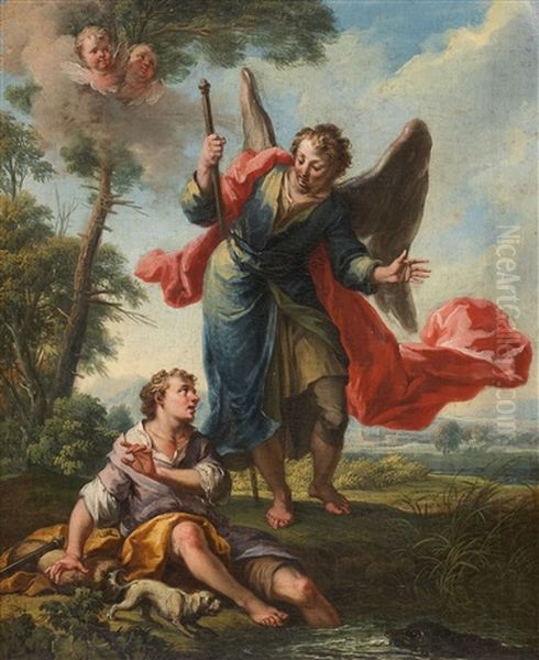 Two Scenes With Tobias And The Angel (2 Works) Oil Painting by Johann Samuel Hoetzendorf