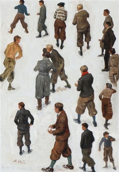 Study Of Boys Throwing Snowballs Oil Painting by Axel Hou