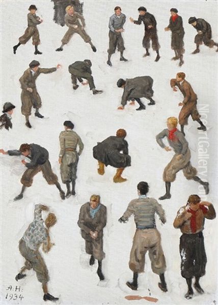 Study Of Boys Throwing Snowballs Oil Painting by Axel Hou