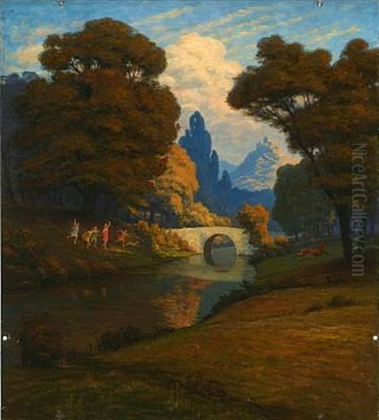 Landscape With Artemis Hunting Acteon (in The Shape Of A Deer) Oil Painting by Axel Hou