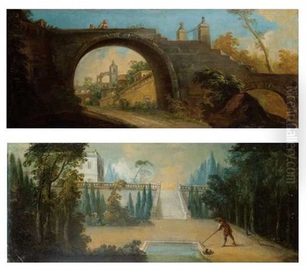 Arcade Au Dessus D'une Ruelle Animee De Personnages (+ Scene De Jardinage; 2 Works) Oil Painting by Michel-Ange Houasse