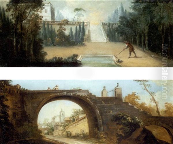 Escena De Calle Con Figuras Sobre Un Puente Y Edificios Al Fondo (+ Escena Con Un Jardinero Trabajando Junto A Un Estanque En Los Jardines De Un Palacio; Pair) Oil Painting by Michel-Ange Houasse