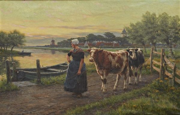 Landskap Med Kvinna Och Kor Oil Painting by Henri Houben