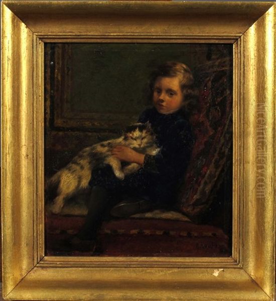 Portrait De Willy Houben (fils De L'artiste) Et Son Chat Oil Painting by Henri Houben