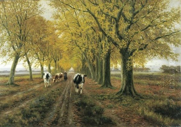 Vaches Dans Une Allee Oil Painting by Henri Houben