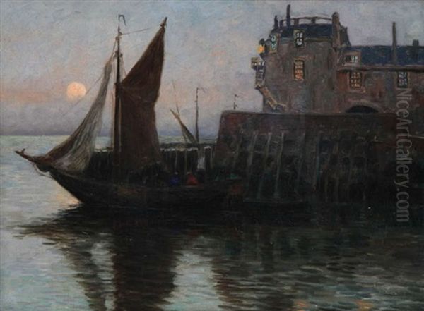 Vue De Port Avec Voilier Pres De L'estacade Au Clair De Lune Oil Painting by Henri Houben