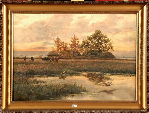 Vachere Et Son Troupeau Pres De La Mare Aux Canards Oil Painting by Henri Houben