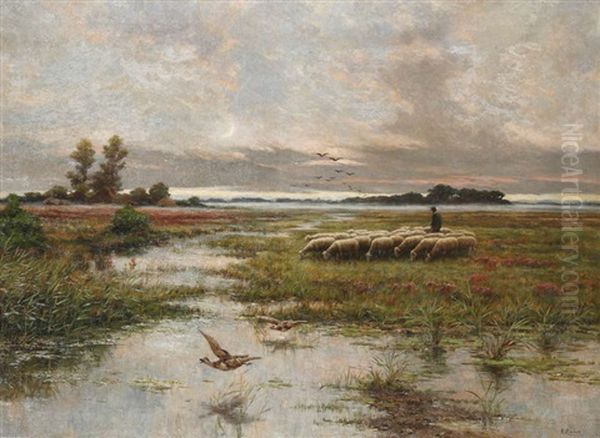 Bergers Aux Moutons Au Coucher De Soleil by Henri Houben