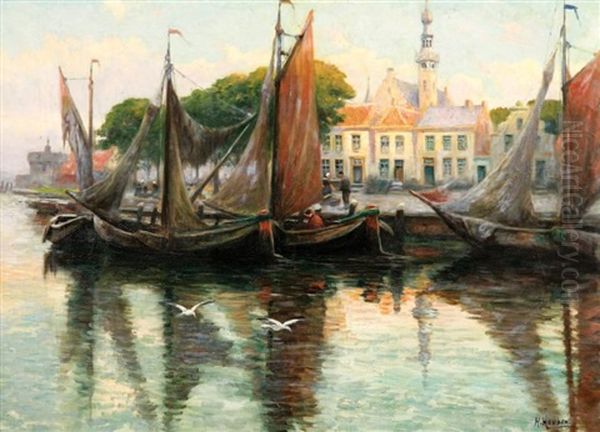 Barques Le Long D'un Quai En Hollande Oil Painting by Henri Houben