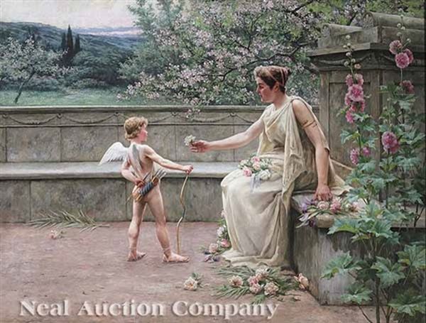 Aphrodite Presenting A Rose To Cupid Oil Painting by Henri Houben