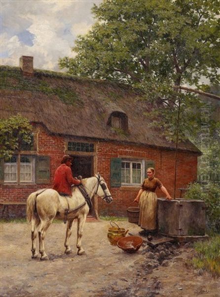 Reiter Und Junge Frau Vor Einem Reetgedeckten Bauernhaus Oil Painting by Henri Houben