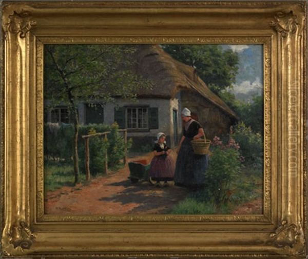 Cottage Scene With Mother And Daughter Oil Painting by Henri Houben