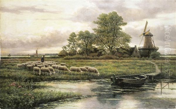 Rivierlandschap Met Schaapherder Oil Painting by Henri Houben