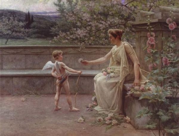 Aphrodite Presenting A Rose To Cupid Oil Painting by Henri Houben