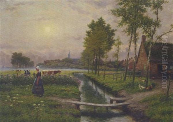 Farm Girl In A Misty Polder Landscape, A Village Beyond Oil Painting by Henri Houben