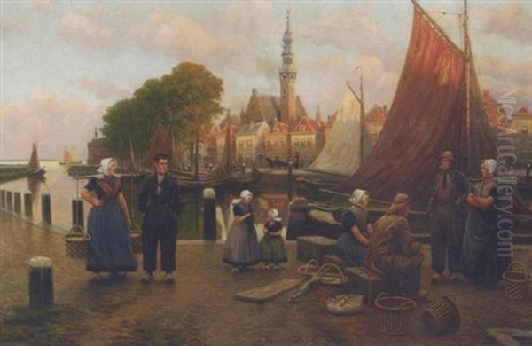 Fisherfolk On A Town Quay In Veere Oil Painting by Henri Houben