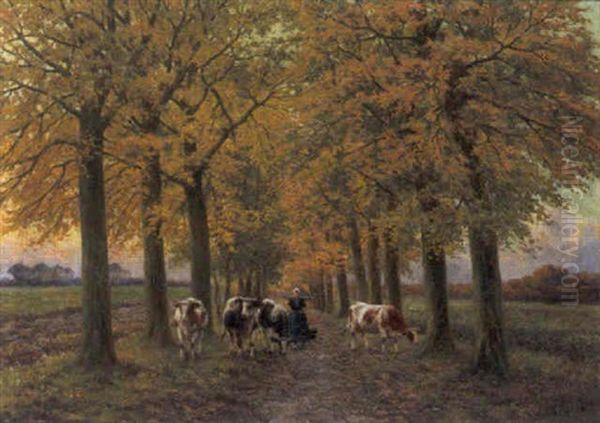 Koeienhoedster In Een Dreef Oil Painting by Henri Houben