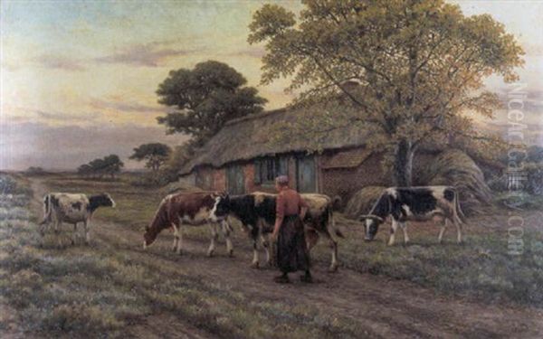 Koeienhoedster Bij De Hoeve Oil Painting by Henri Houben