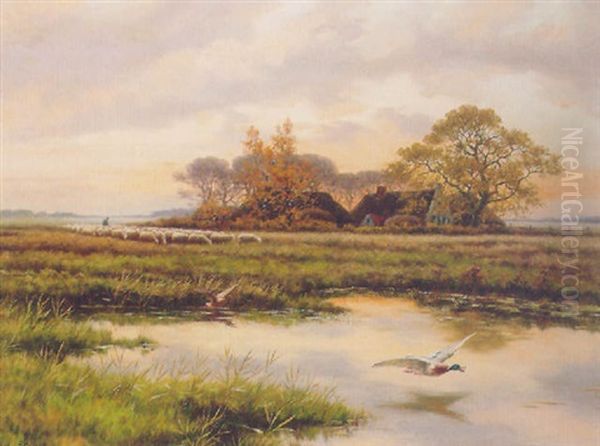 Marshland With Sheep And A Farm In A Distance Oil Painting by Henri Houben