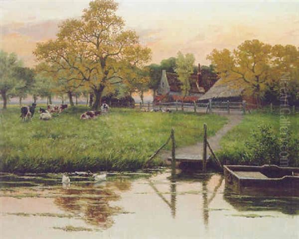 Cows And Ducks In A River Landscape Oil Painting by Henri Houben