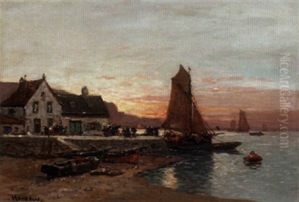 Fishing Village At Dusk Oil Painting by Henri Houben