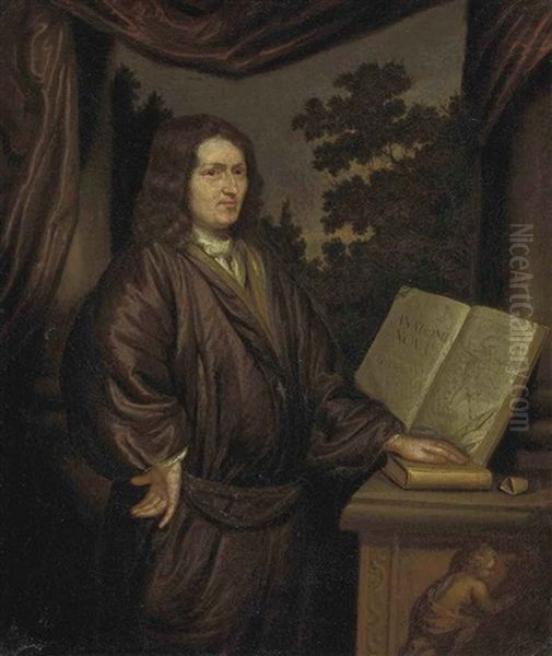 Portrait Of A Gentleman In A Rust Robe, His Left Hand On A Book, A Landscape Beyond Oil Painting by Arnold Houbraken