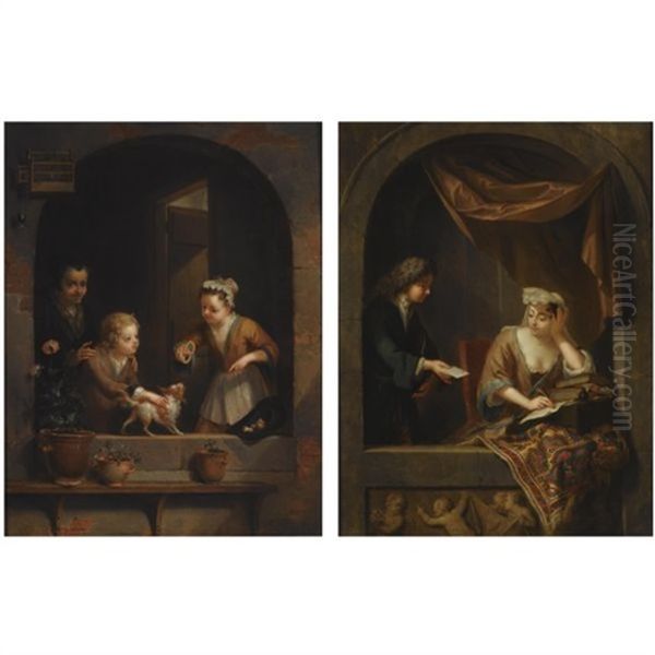 Two Young Children Playing With A Dog In A Niche, Together With An Elderly Woman (+ An Elegant Lady Writing, Seated In A Niche Draped With A Carpet, Receiving A Letter From A Messenger; Pair) Oil Painting by Arnold Houbraken