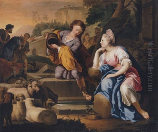 Eliezer And Rebecca At The Well Oil Painting by Arnold Houbraken