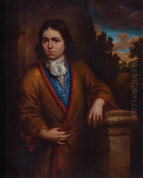 Portrait Of A Young Man In A Yellow Silk Kimono With A Red Lining, Wearing An Earring, Leaning On A Stone Plinth Oil Painting by Arnold Houbraken