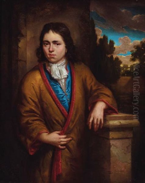 Portrait Of A Young Man In A Yellow Silk Kimono With Red Lining, Wearing An Earring, Leaning On A Stone Plinth, A View To A Garden Beyond Oil Painting by Arnold Houbraken