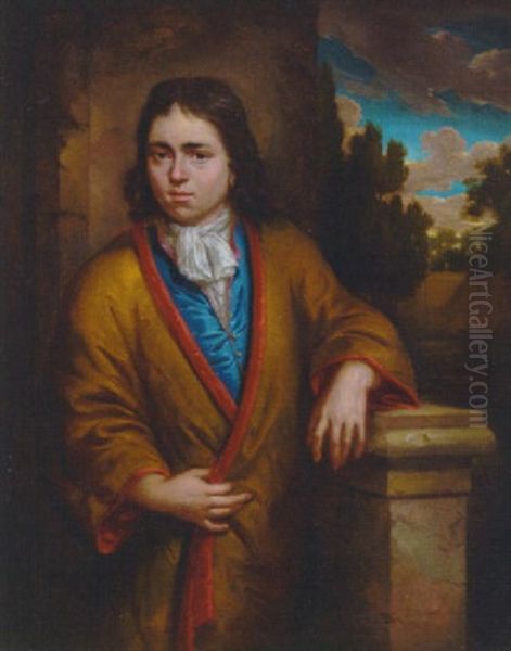 Portrait Of A Young Man In A Yellow Silk Kimono With Red Lining, Wearing An Earring, Leaning On A Stone Plinth Oil Painting by Arnold Houbraken